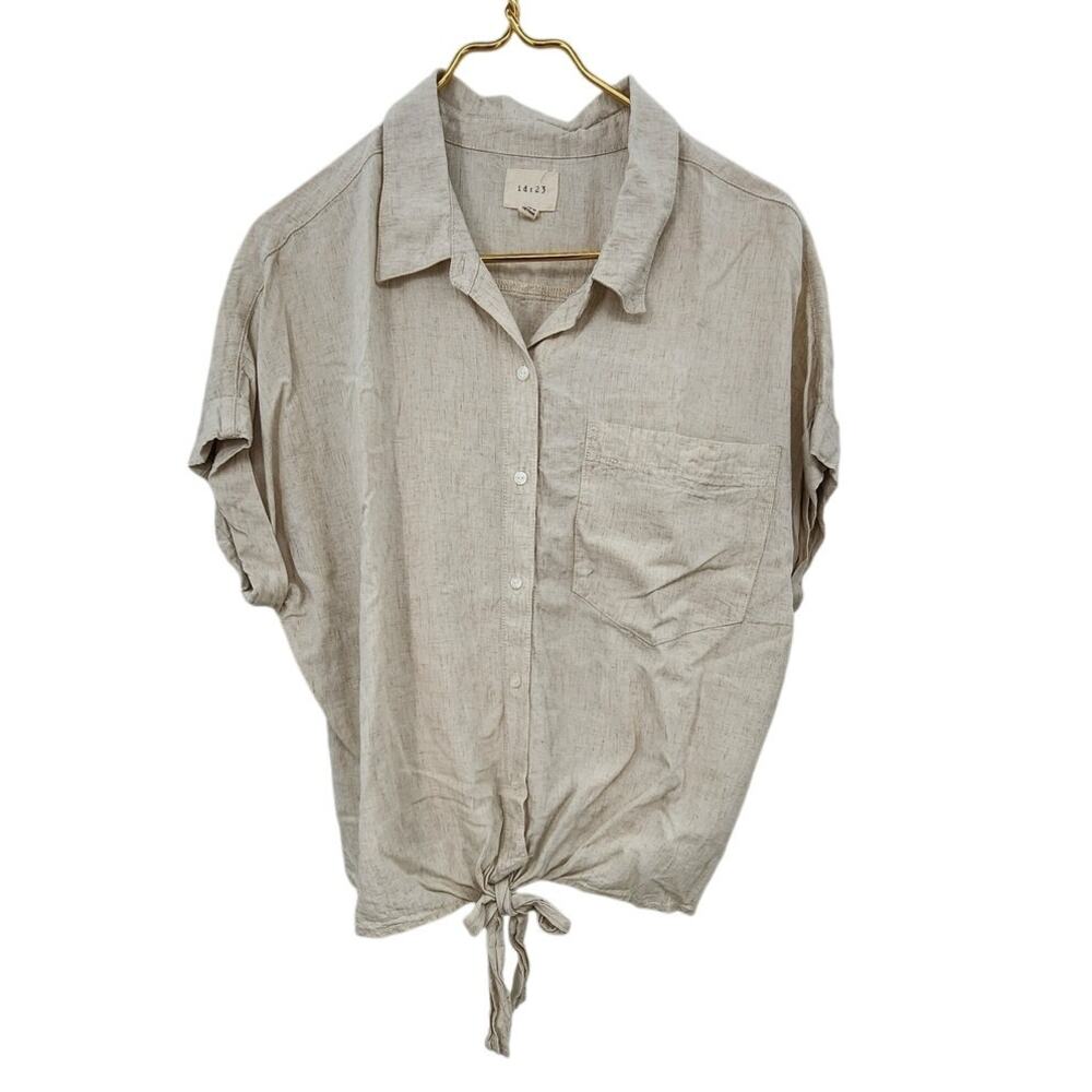 id:23 Top Linen Blend Light‎ Weight Tie Front Size Medium Natural Boxy Fit